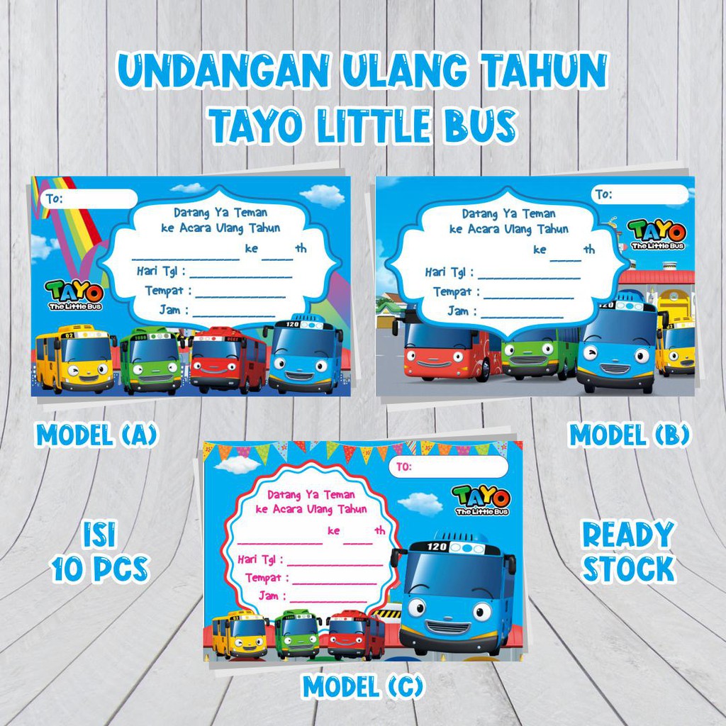 Undangan Ulang Tahun Anak  Laki Laki Kartu Undangan Pesta Ultah Tema Tayo Bus Kecil Isi 10pcs