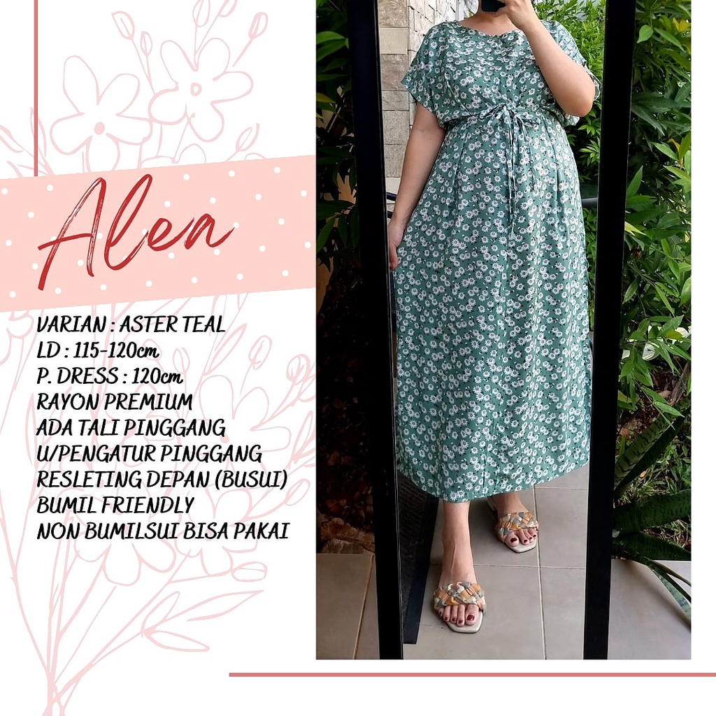 produk 2 Alea 120cm daster rayon jumbo bumil busui friendly adem resleting depan semata kaki-Aster teal