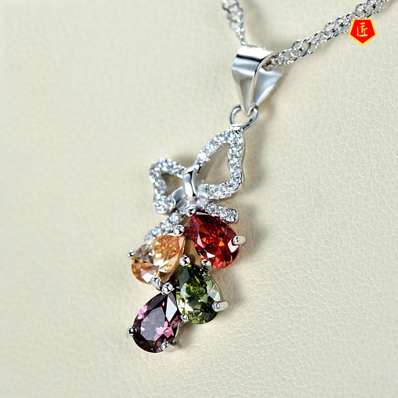 [Ready Stock]Silver Necklace Women's Four Color Zircon Pendant Fashion Elegant