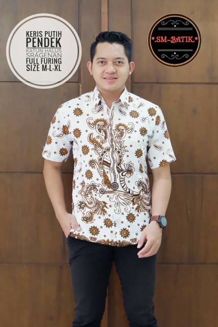 Kemeja Batik/Hem Batik KERIS PUTIH Lapis Furing Bahan Katun Sragenan