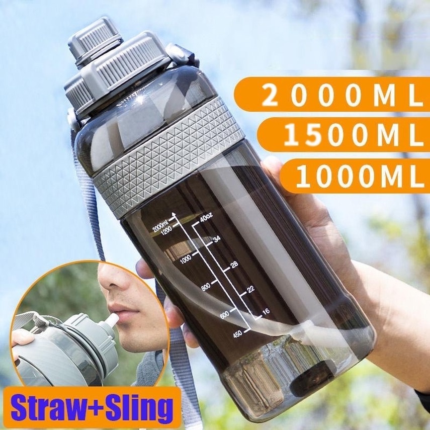 【fREE GIF- Strap + straw】2000ML Botol Air Trendy Kapasitas Besar Botol Sport Olahraga Besar Murah botol minum water bottle