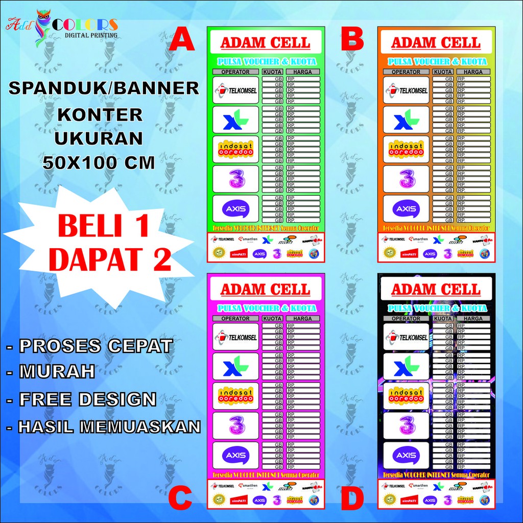 Banner/Spanduk Konter Pulsa Ukuran 50x100 cm Dapat 2