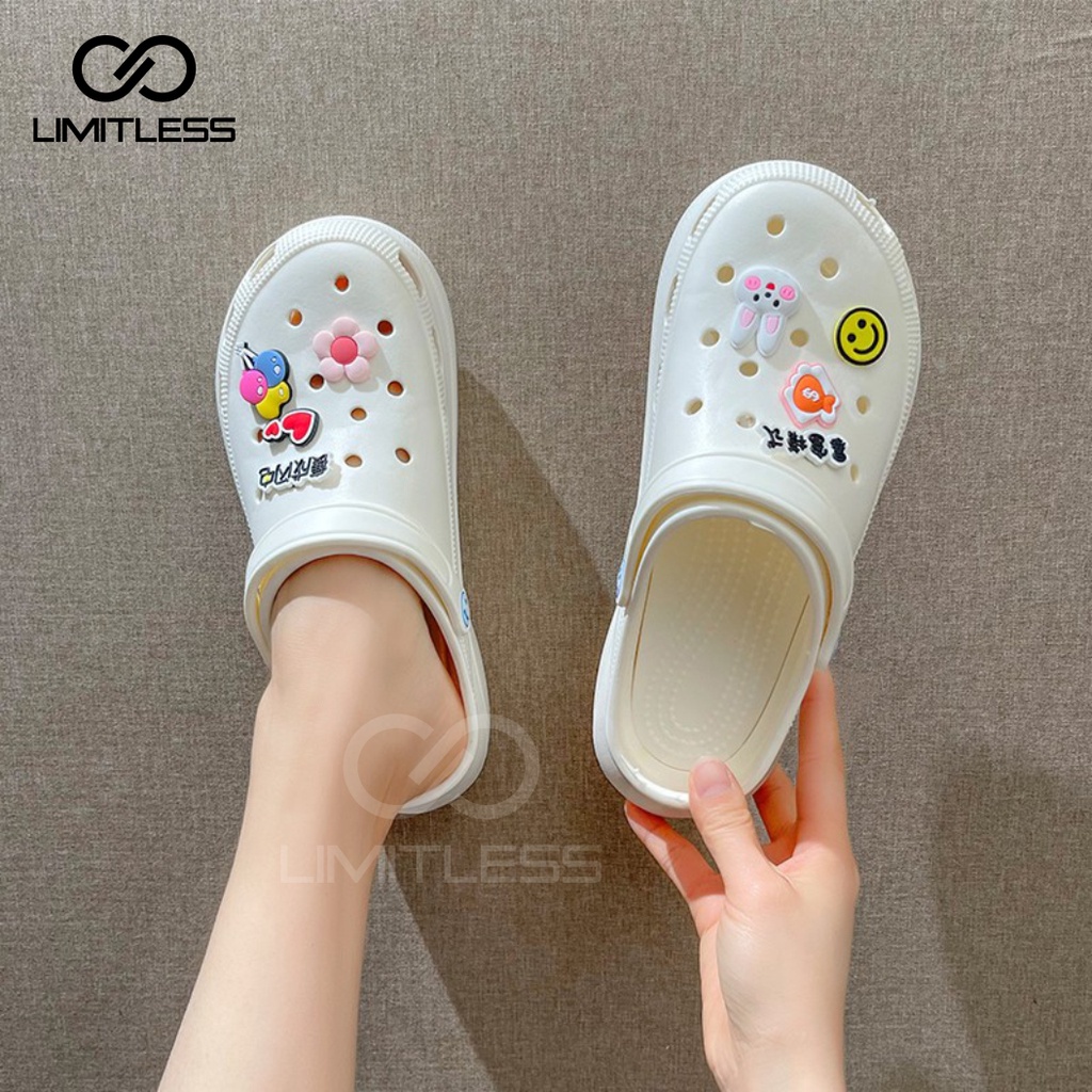 Limitless - Sandal Wanita Selop Jibbitz Eva Rubber Sandal Fuji Wanita Wedges Platform Slop Viral Tebal Korean Style Sendal Bakpao Cewek Slip On Wedges