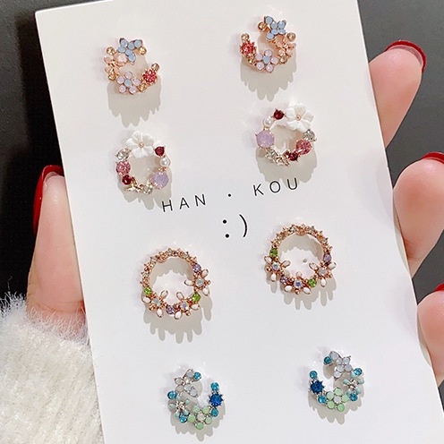 Anting stud Desain Bunga Chrysanthemum / Moon / Shell / Zircon Stone Warna pink Biru Ungu