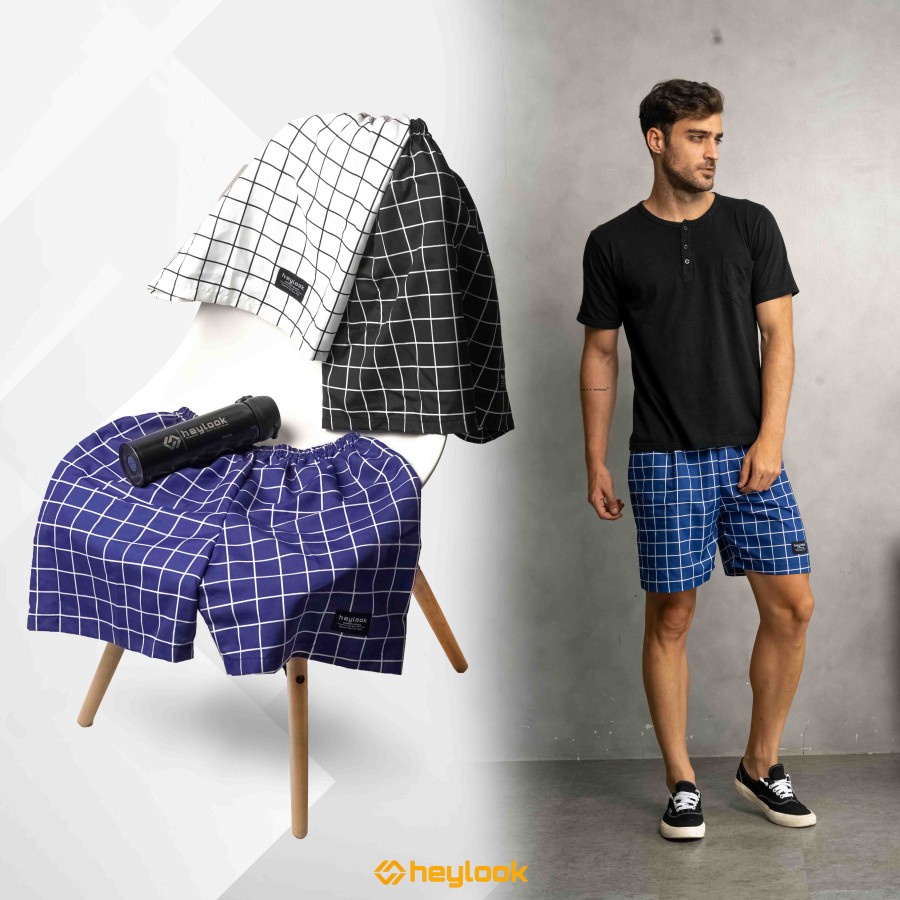 HEYLOOK Project - Celana Pendek Pria Boxer Short Pants Motif SQUARE Celana Kotak Garis Cowok Celana Tartan Santai