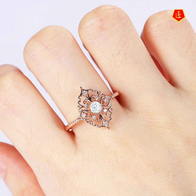 [Ready Stock]8K Gold Diamond Studded Hollow Flower Ring 925 Silver