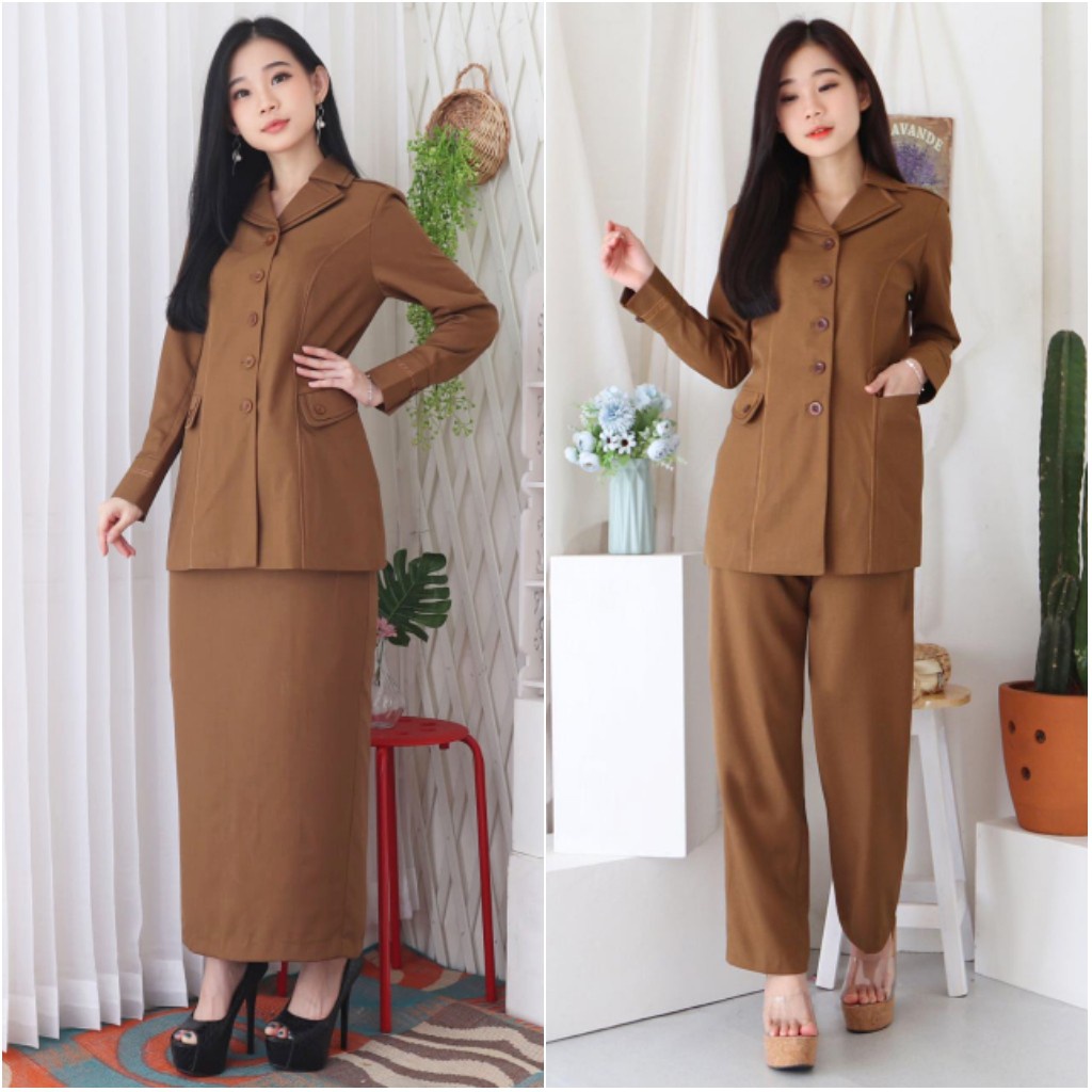 seragam Dinas Wanita Khaki Tua Set Rok Span Blazer Pemda Tua Stelan Seragam PNS Pemda Aceh Baju Pemd