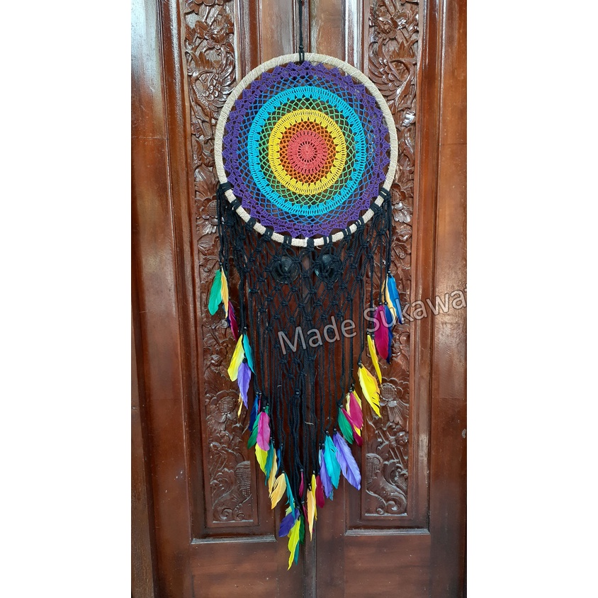 Dream catcher pelangi rasta 42cm lilit sulam rajut hiasan dekorasi