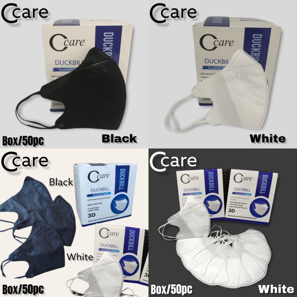 BOX ISI 50 - MASKER DUCKBILL CCARE GARIS EMBOS 4PLY 3PLY HITAM PUTIH 50 PC