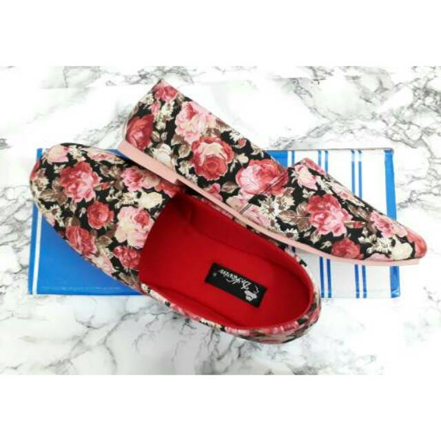 Floral Slip On Sepatu Wanita Slipon Flat Shoes Pink Red Merah Murah Motif Bunga Sale Dr Kevin