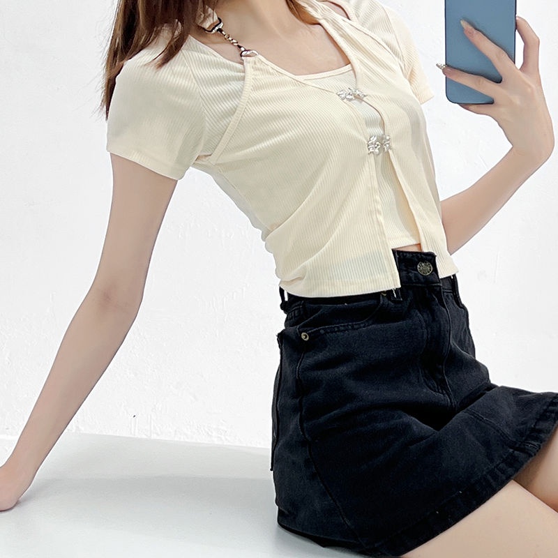 Red Musim panas New Sweet Cool Windy Lengan Pendek Desain Kecil Terasa Meninggalkan Dua Potongan Kalung Chain Slim Fit Top Ins