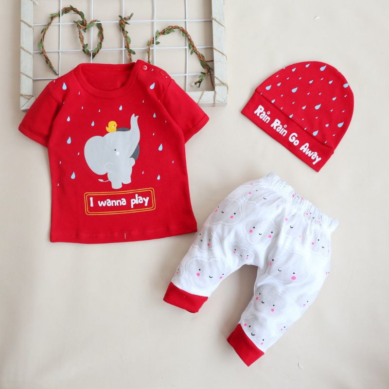 Setelan Baju Anak Bayi Set Topi Wanna play Bahan katun Adem Size 6-18 bulan