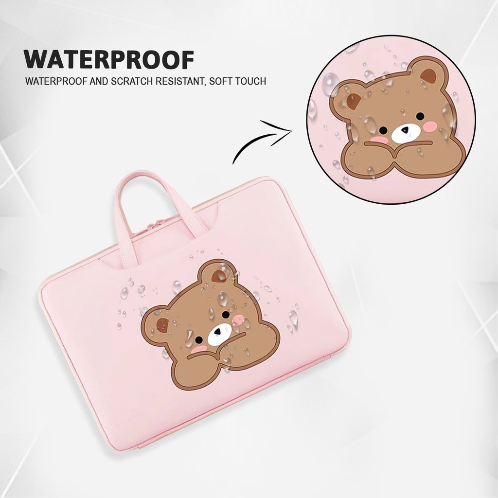 Sleeve Pouch Sarung Tas Bag Case Ipad Tab Tablet Macbook Air Pro Laptop Asus Acer Lenovo HP Huawei 11 12 13 14 15 inch Motif Gambar Bear Brown Beruang Warna Pink Coklat Lucu Cute Murah Korean Model Jinjing Tali Strap