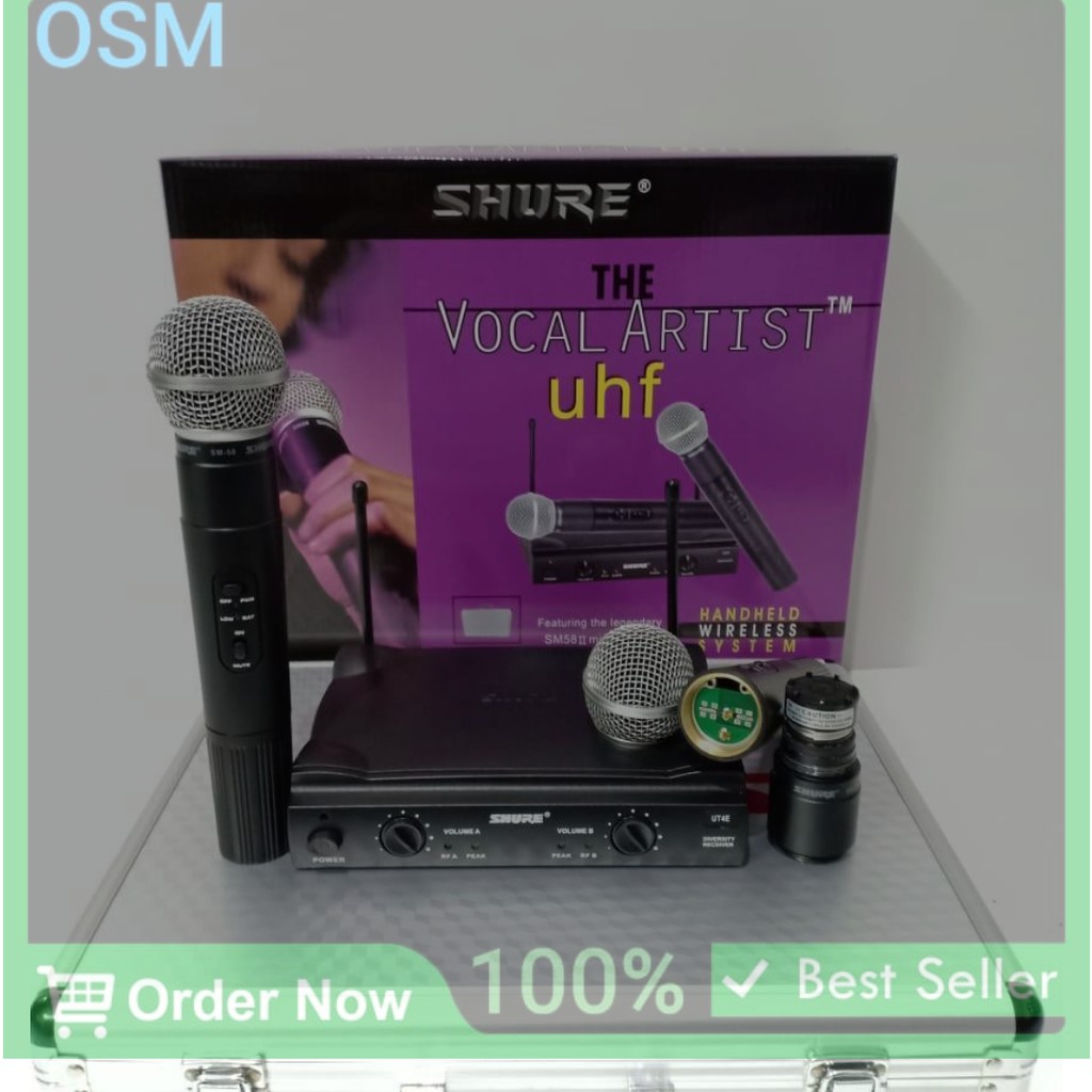 SHURE Mic wireless sepasang koper microphone wireles karaoke sound suara audio vocal vokal pro 1Bh Receiver 2Bh Mic Handle pegang 1bh Koper Frequency UHF jarak bisa pakai sampe 20-30 meter suara bagus, jernih dan empuk cocok buat karaoke, pidato, seminar,