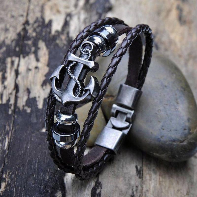 Vintage Men's Metal Anchor Steel Studded Surfer Leather Bangle Cuff Bracele