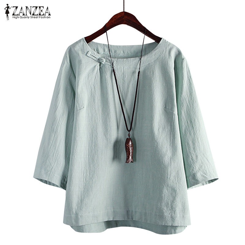 ZANZEA Womens Round Neck 3/4 Sleeve Casual Plus Size Blouse