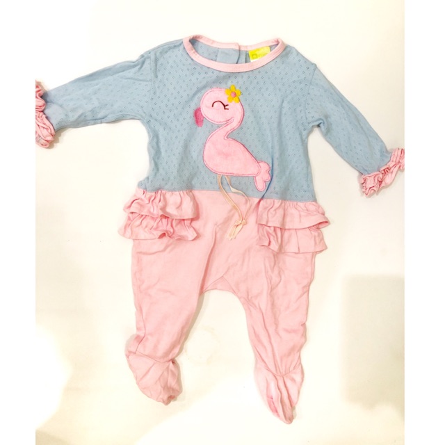 [Preloved] Eyka bodysuit baby girl with flamingo and ruffles - romper bayi renda pink biru