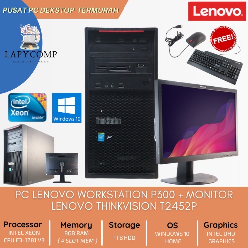 DEKSTOP PC MONITOR 24&quot; LENOVO WORKSTATION P300 INTEL XEON E3 RAM 16GB HDD 1TB DVDRW NVIDIA QUADRO WINDOWS 10 ORI