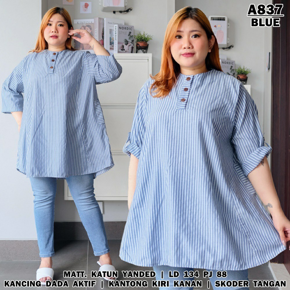 WSE390 - Blouse Kemeja Lola BIG SIZE XXXL Blus Kemeja Wanita Besar 3XL Bahan Katun Salur LD 134 CM PJ 88 CM PREMIUM QUALITY