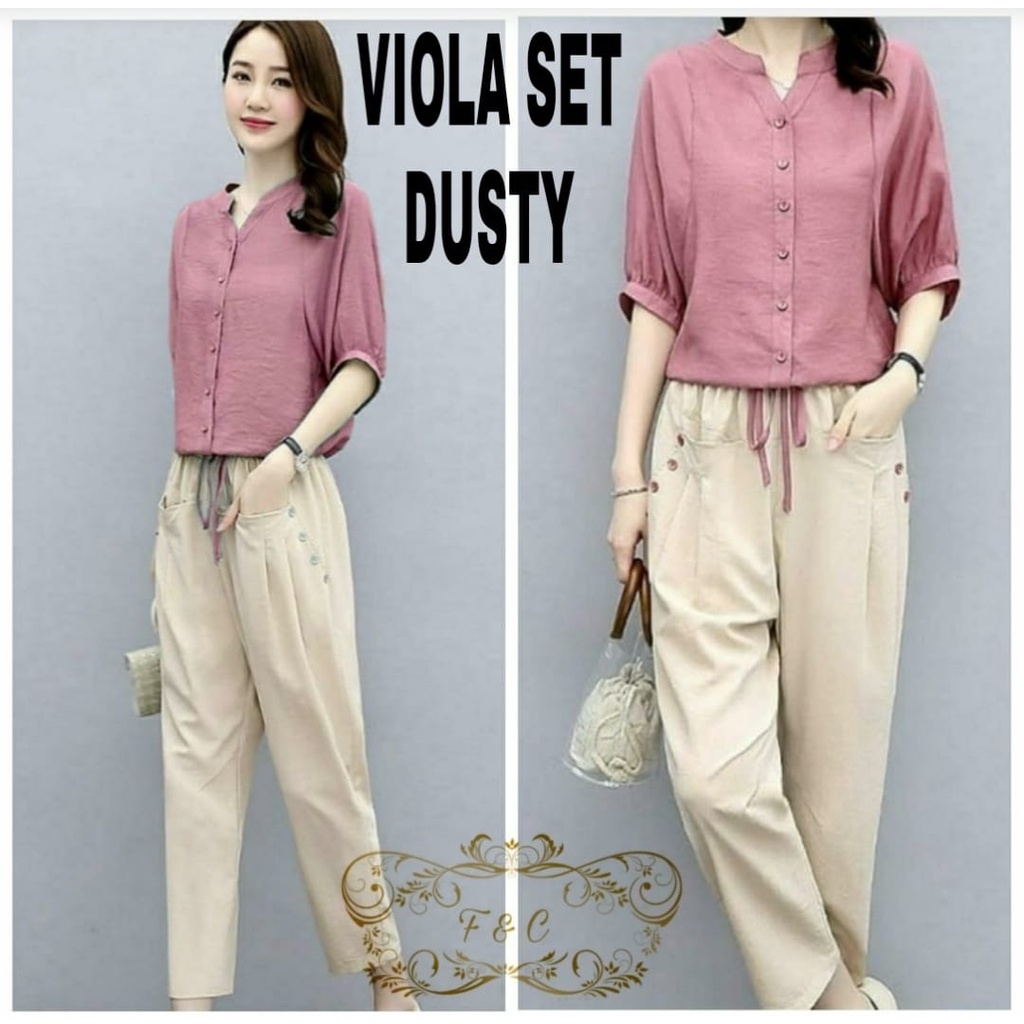 SET VIOLA FASHION PAKAIAN WANITA SETELAN ATASAN DAN CELANA BAHAN MOSCREPE FEHM