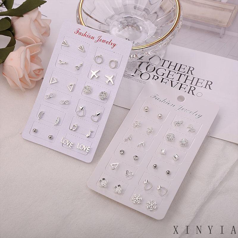 12 Pasang / Set Anting Tusuk / Stud Model Campur Bahan Silver Untuk Wanita