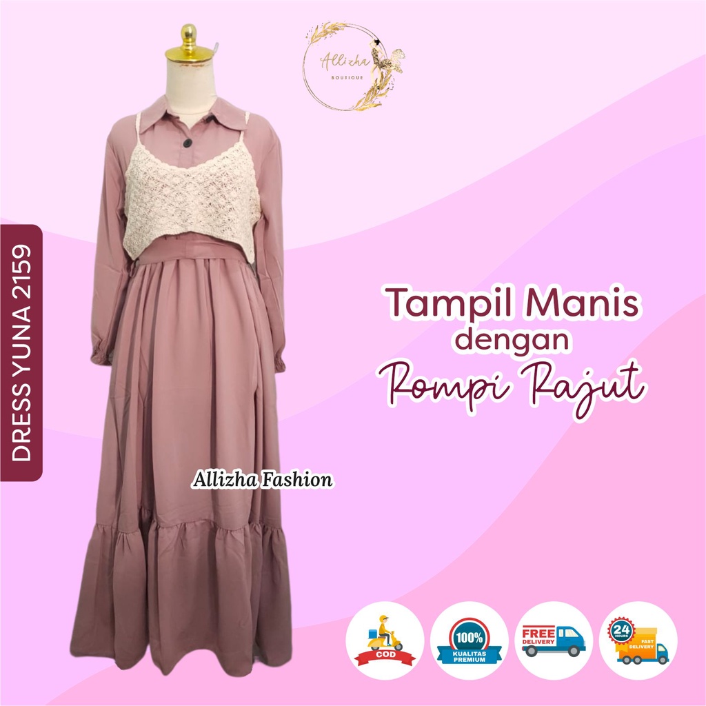 Dress Yuna 2159 Gamis Polos Free Rompi Outfit Remaja Ootd Kekinian Bahan Chiffon Import By Allizha F
