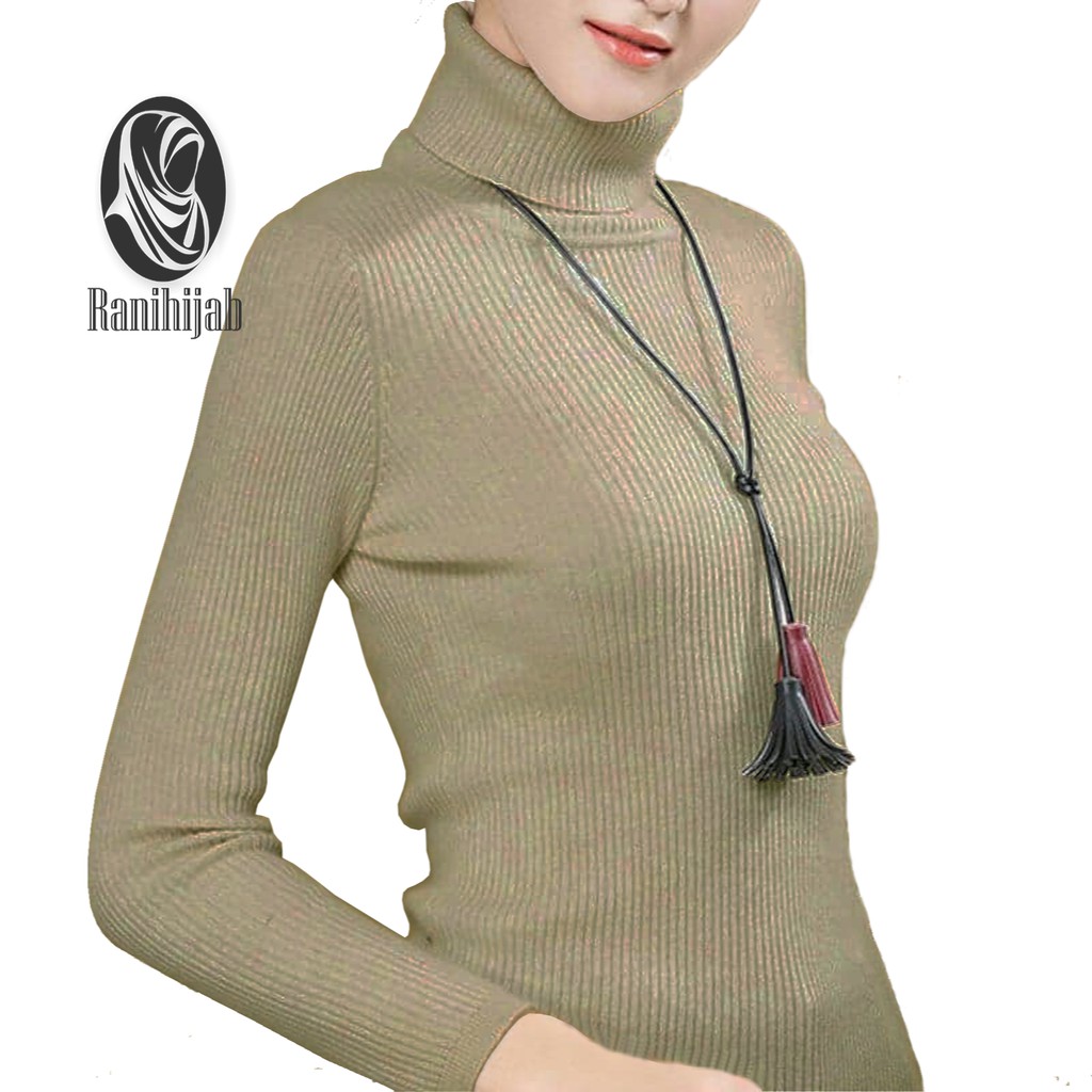Sweater rajut wanita korea style RH - atasan rajut wanita - baju rajut wanita lengan panjang kerah tinggi motif salur turtleneck