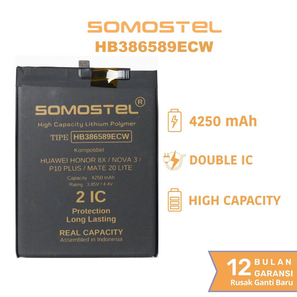 Somostel - HB386589ECW Huawei Honor 8X / Nova 3 / P10 Plus / Mate 20 Lite / Nova 5T / Nova 3B / Nova 4 Batre Batrai Baterai