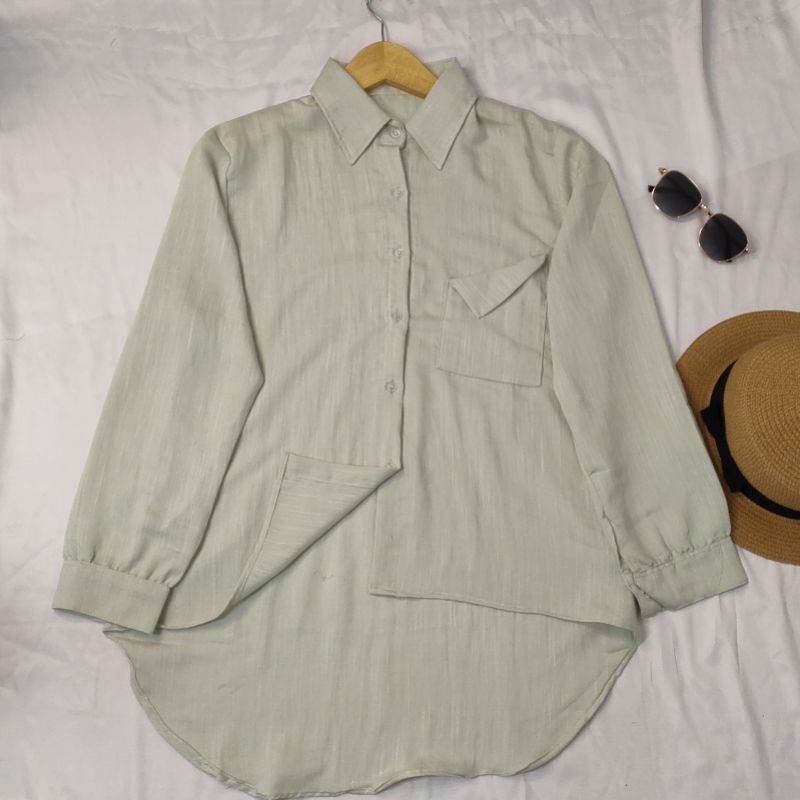 Saku Kemeja Wanita/Blus kemeja linen 2021 Kualitas tinggi Wanita/Atasan wanita kantor Wanita chic lengan panjang-KMJ SAKU~GREEN