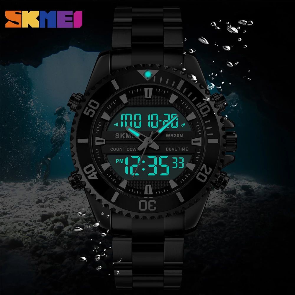 SKMEI 1850 Jam Tangan Pria Digital Analog Chronograph Dual Time Sport Watch Tali Stainless WATCHKITE WKOS