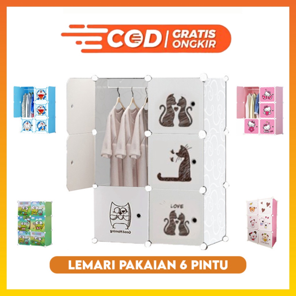 Lemari Pakaian 6 Pintu + Gantungan Baju Lemari Plastik Portable Lemari Pakaian Motif Karakter WHFURNITURE