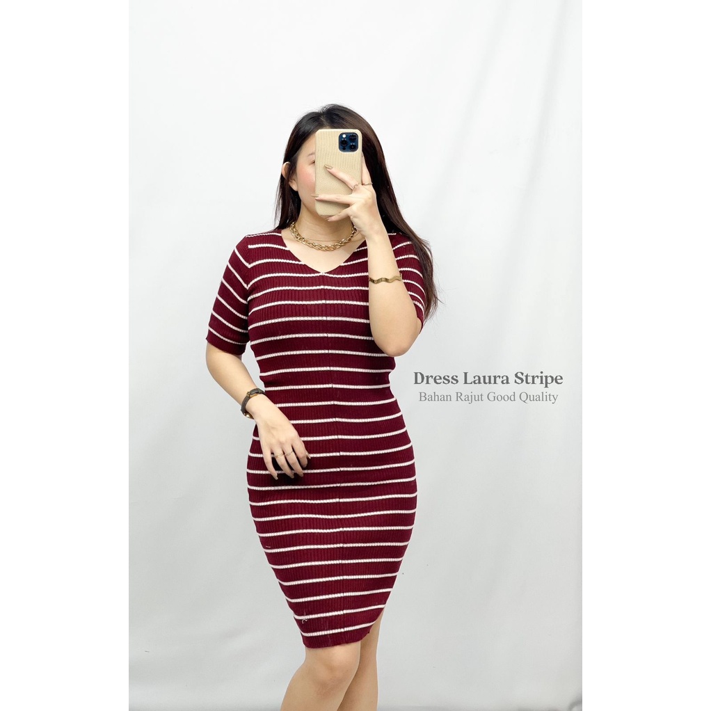 HOPYLOVY - Dress Bodycon Rajut Wanita Laura Stripe