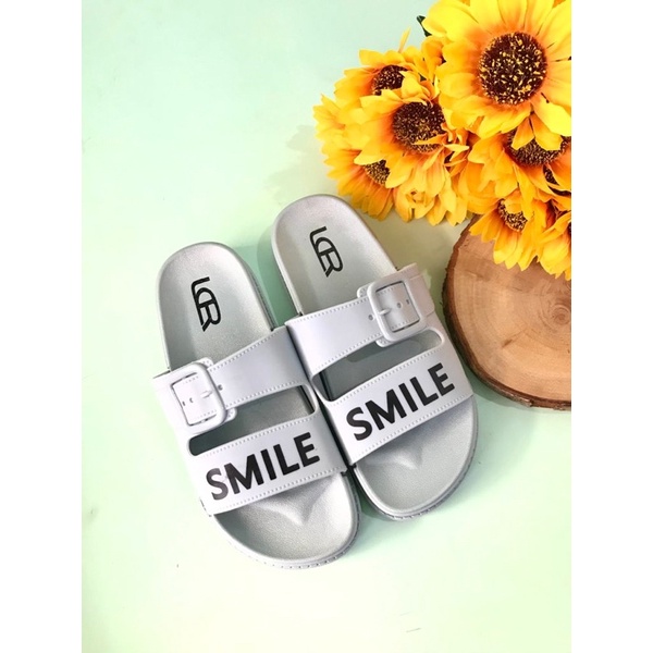 Sandal Slop Ban Dua Gesper Tulisan SMILE Import LCR V501-5-Biru