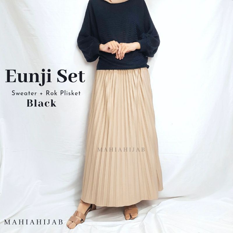 Eunji set sweater batwing + rok plisket / Outfit rajut / Setelan wanita murah / Baju rajut batwing premium