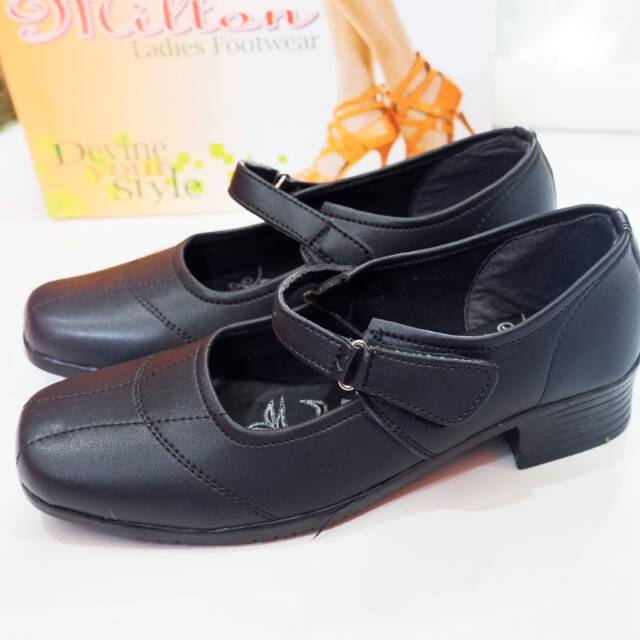 MILTON HAK 3cm Sepatu Kerja Formal Guru Full Hitam dan Putih Polos Hak Datar Sepatu Pantopel Sepatu Paskibra Tali