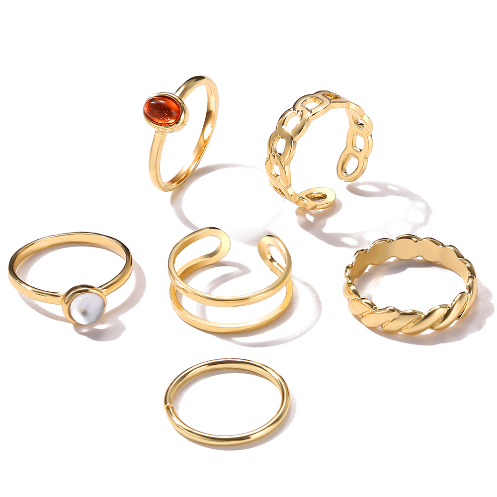 6pcs / Set Cincin Emas Adjustable Hias Batu Akik Gaya Retro