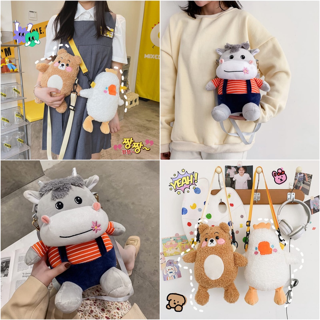 Tas Selempang Beruang/Tas Boneka Beruang/Tas Beruang Bahan Plush Bentuk Kartun Beruang Gaya Korea