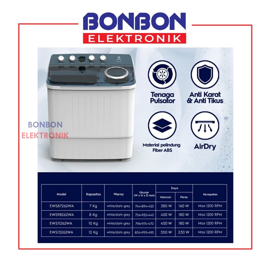 Electrolux Mesin Cuci 2 Tabung 10KG EWS11262WA / EWS 11262 WA / 11262WA