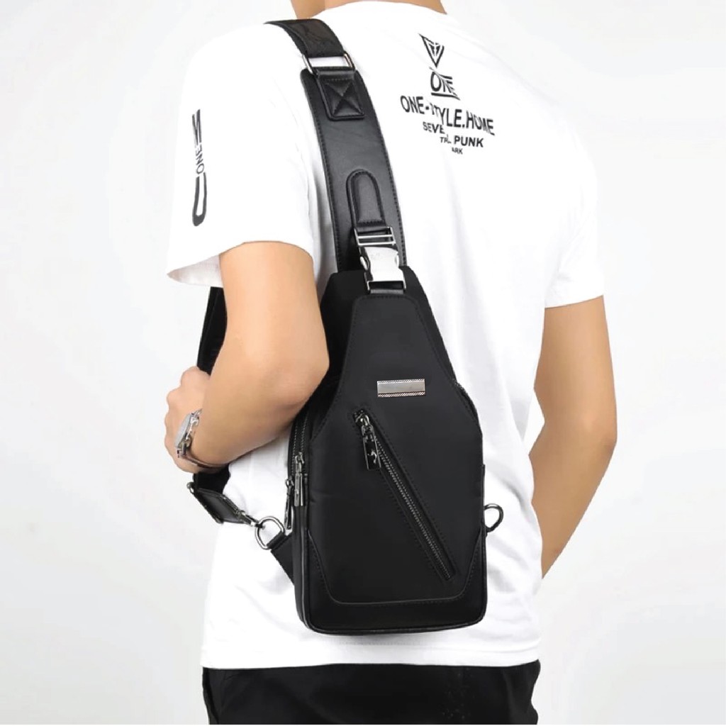 Tas Selempang Pria Murah Anti Air - LK Bag Hitam Navy dan Abu bonus Dompet + Jam Tangan LED/Headset