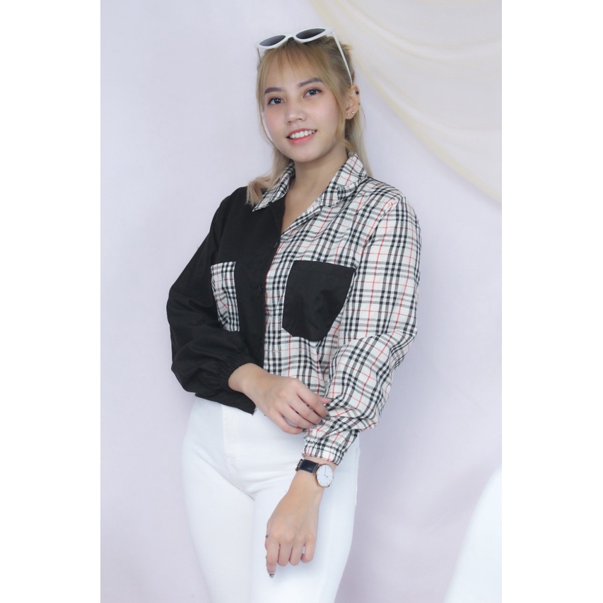 RX Fashion - Mika Crop Top Blouse // Shirt Top Tartan Two Tone // Kemeja Olive ( SPECIAL SALE - GRATIS ONGKIR )  - GA-5