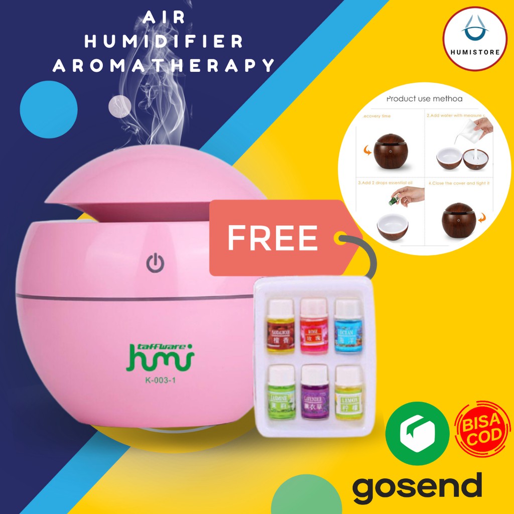 Air Humidifier Aromatherapy Desain Kayu 130ml-Pink + Oil Bonus