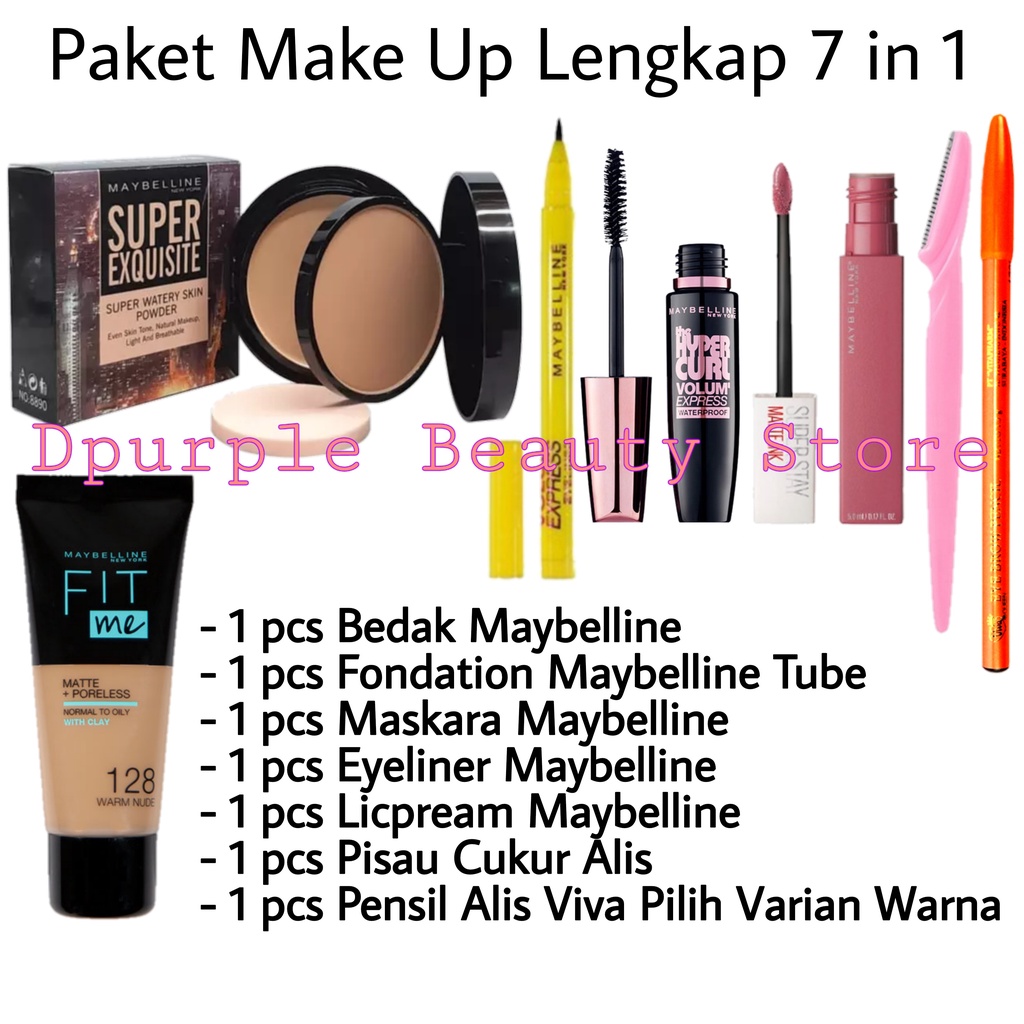 Paket Make Up Super Hemat 7 in 1 - Paket Kosmetik Lengkap Murah 7 in 1 - Bedak - Fondation - Maskara - Lipcream - Eyeliner - Pensil Alis - Pisau Cukur Alis