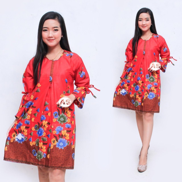 tunik wanita batik kantoran seragan murah jumbo big size buketan kembang merah