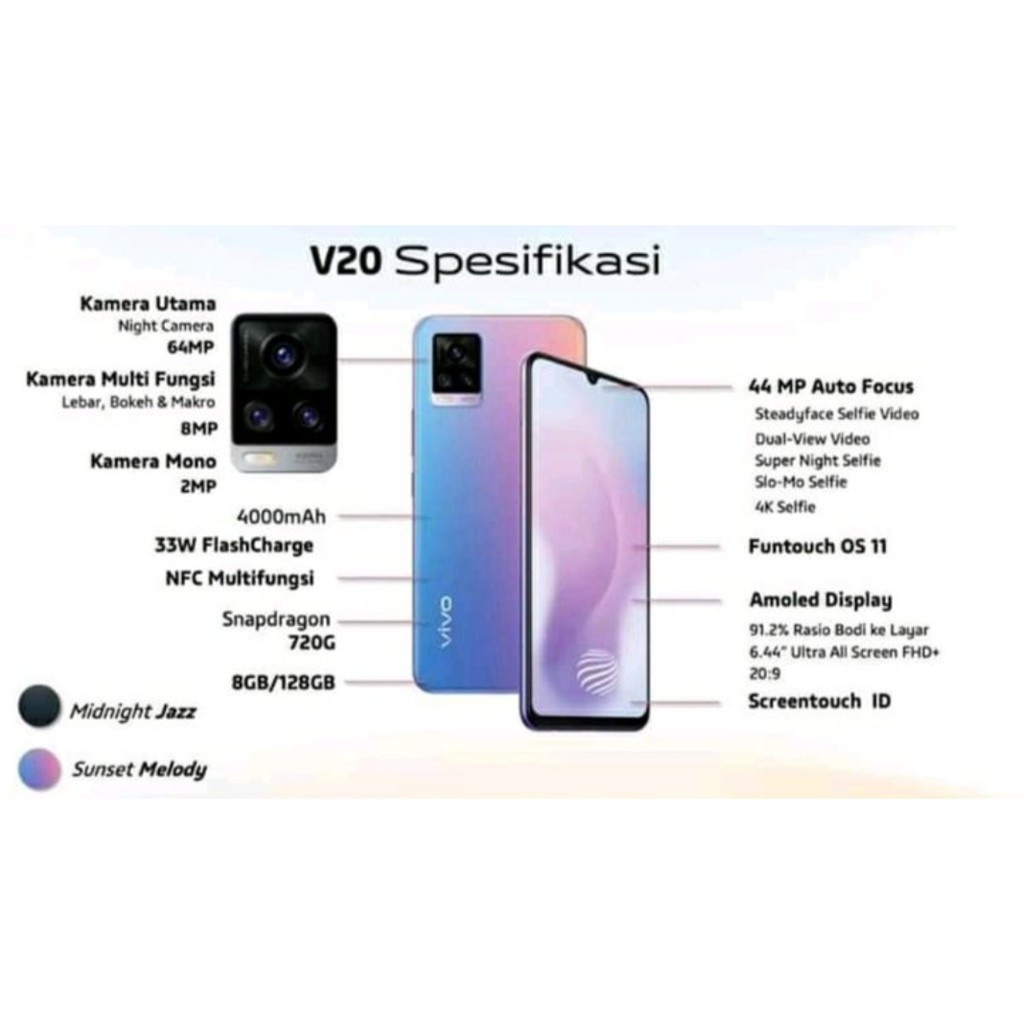 Vivo V20 Ram 8gb Internal 128gb 44mp Eye Autofocus Ultra Sleek Design 64mp Night Camera Shopee Indonesia