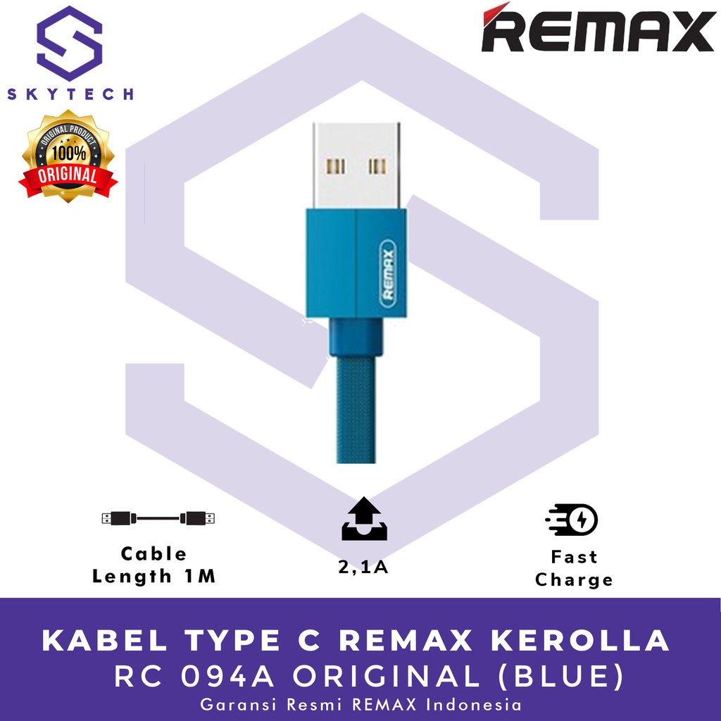 KABEL TYPE C REMAX KEROLLA 1M BLUE RC 094A ORIGINAL GARANSI RESMI