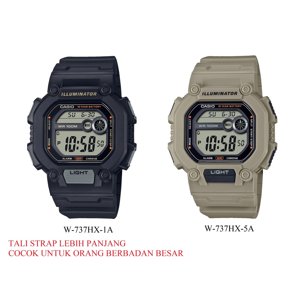 Casio Original W-737HX- Series Tali strap lebih panjang - Jam Tangan Pria Digital Karet