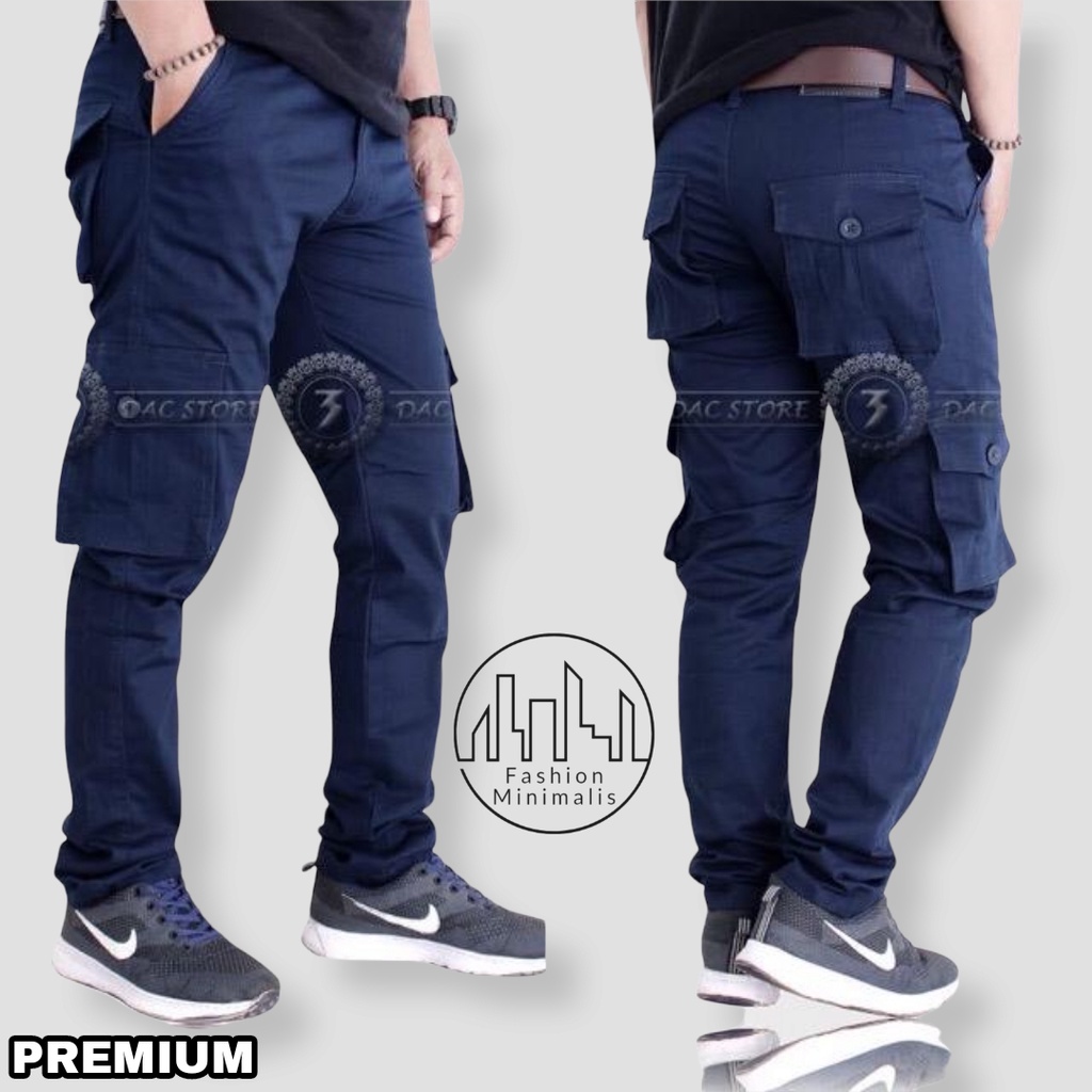 FM Celana Cargo PDL Premium Warna Biru Navy Panjang Pria Dewasa Slimfit Stretch Original