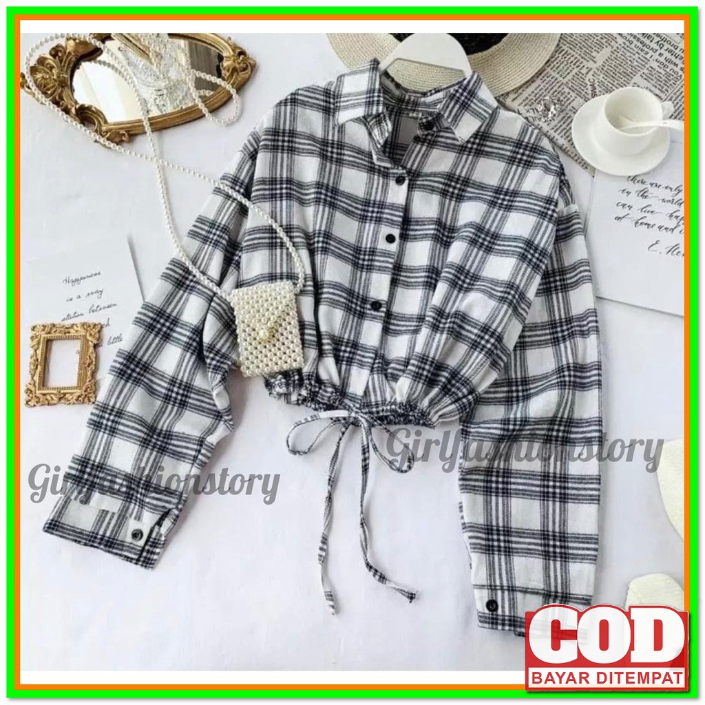 Baju Atasan Kemeja Cewek Katun Kotak Lengan Panjang Casual Kerja Kanto OL556 At Kerlita Plaid Shir