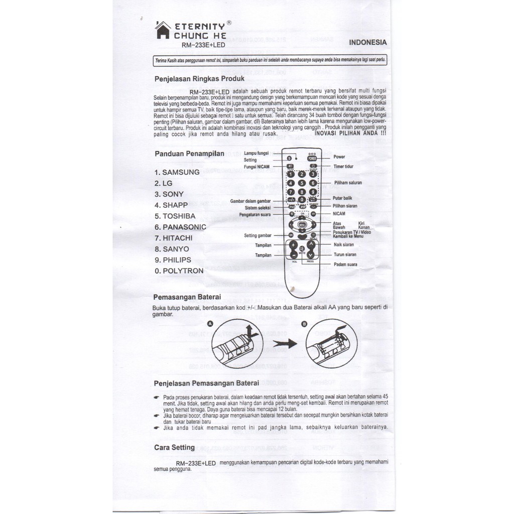 Remot / REMOTE TV MULTI TABUNG LCD LED CHUNG HE RM 233E + LED / ECER DAN GROSIR