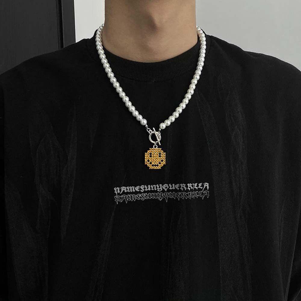 Nickolas1 Smiley Liontin Kalung Pria Wanita Minimalis Punk Hip Pop Mutiara Imitasi Kuba Rantai Fashion Perhiasan Choker Smiley Face Pendant Men Necklaces